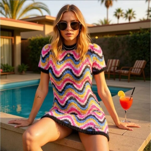 Blotter Knit Fuzzy Mini Dress by The Ragged Priest – Poolside Portal Edition M - Picture 1 of 5
